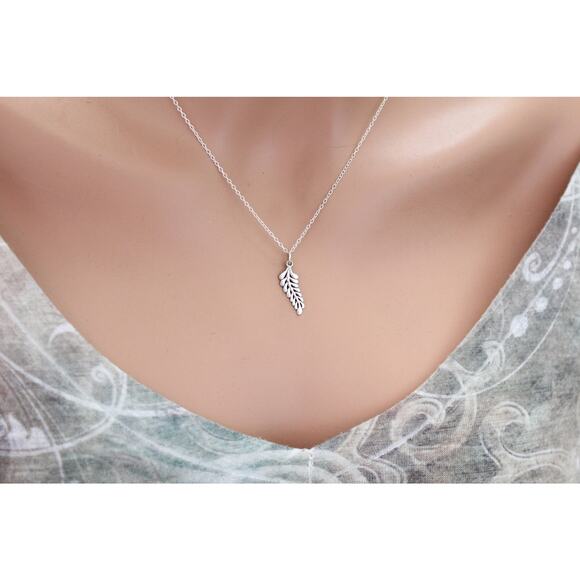 Sterling Silver Sprig Leaf Necklace, Sterling Silver Sprig Leaf Charm Necklace - Picture 3 of 5